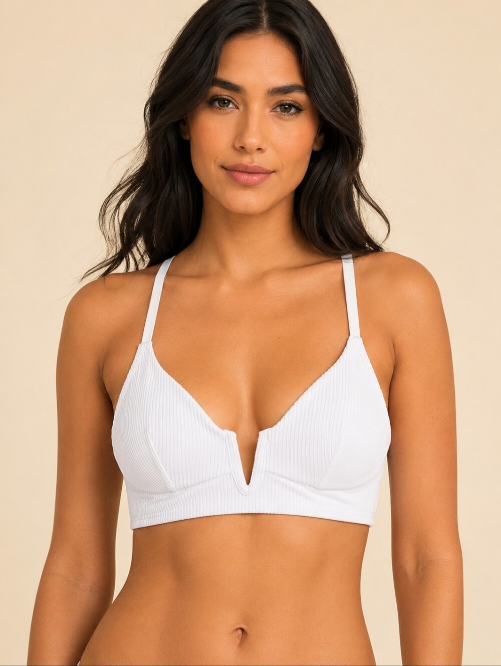 Shade & Shore White Ribbed Longline V-Wire Bikini Top Size 32B- NWT